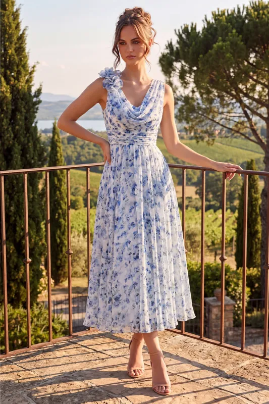 A Line Blue Floral Cowl Neck Mother of the Bride Dress with 3D Flowers made by Zapaka