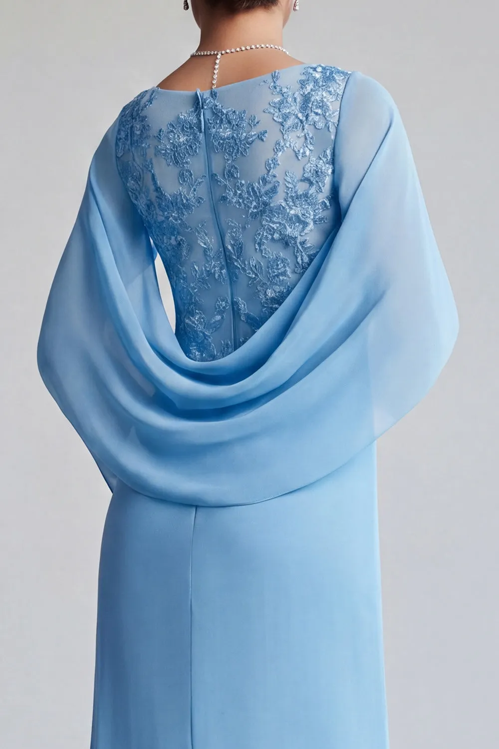 Blue V-Neck Sheath Chiffon Ruffled Mother of the Bride Dress with Cape Sleeves sold by Zapaka product image thumbnail 4