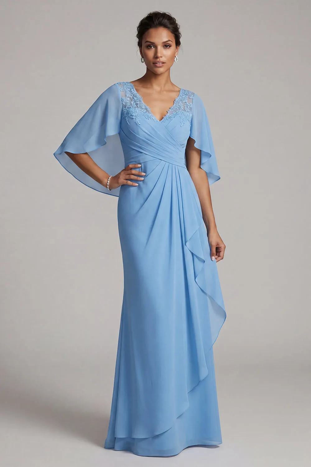 Blue V-Neck Sheath Chiffon Ruffled Mother of the Bride Dress with Cape Sleeves sold by Zapaka