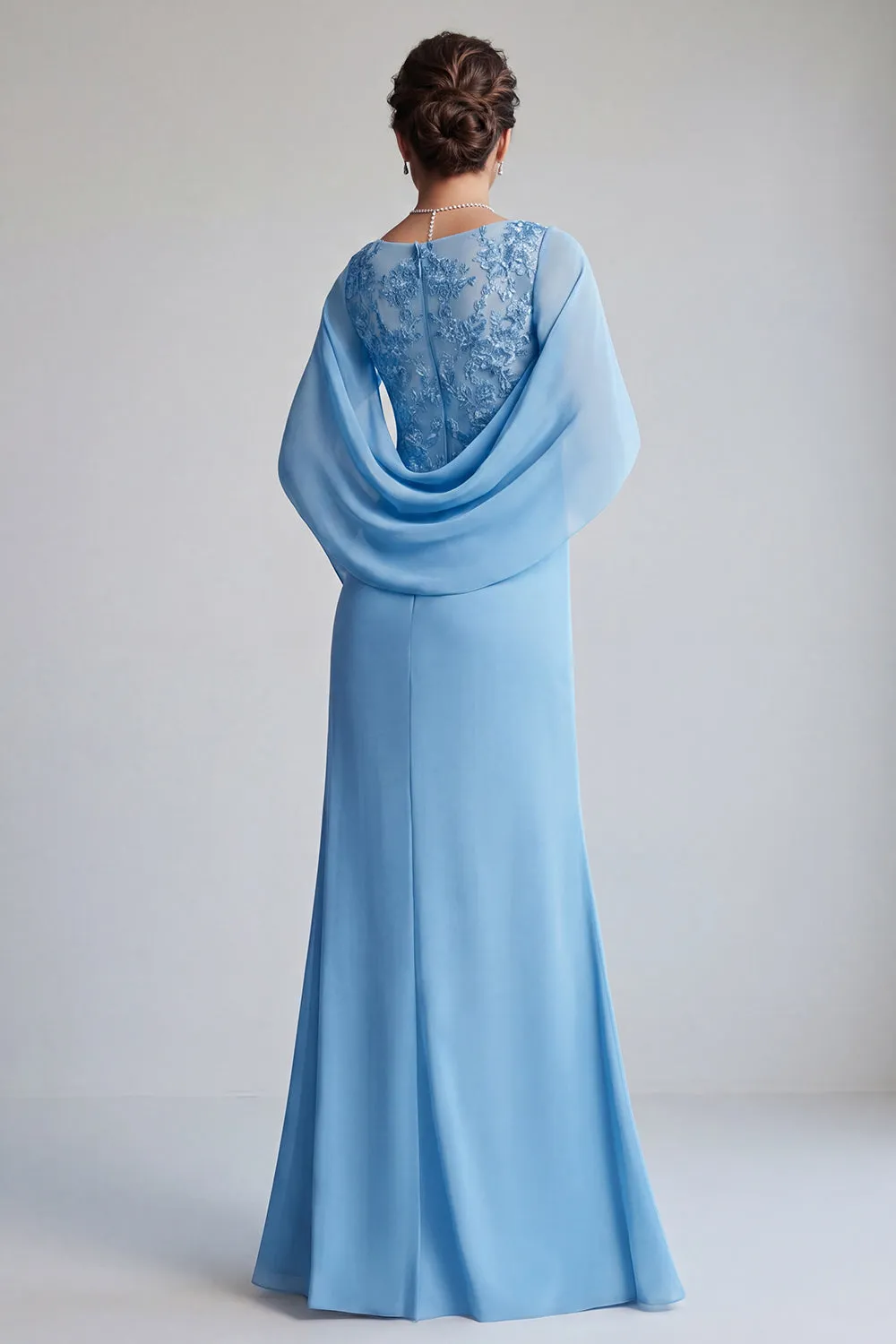 Blue V-Neck Sheath Chiffon Ruffled Mother of the Bride Dress with Cape Sleeves sold by Zapaka product image thumbnail 2