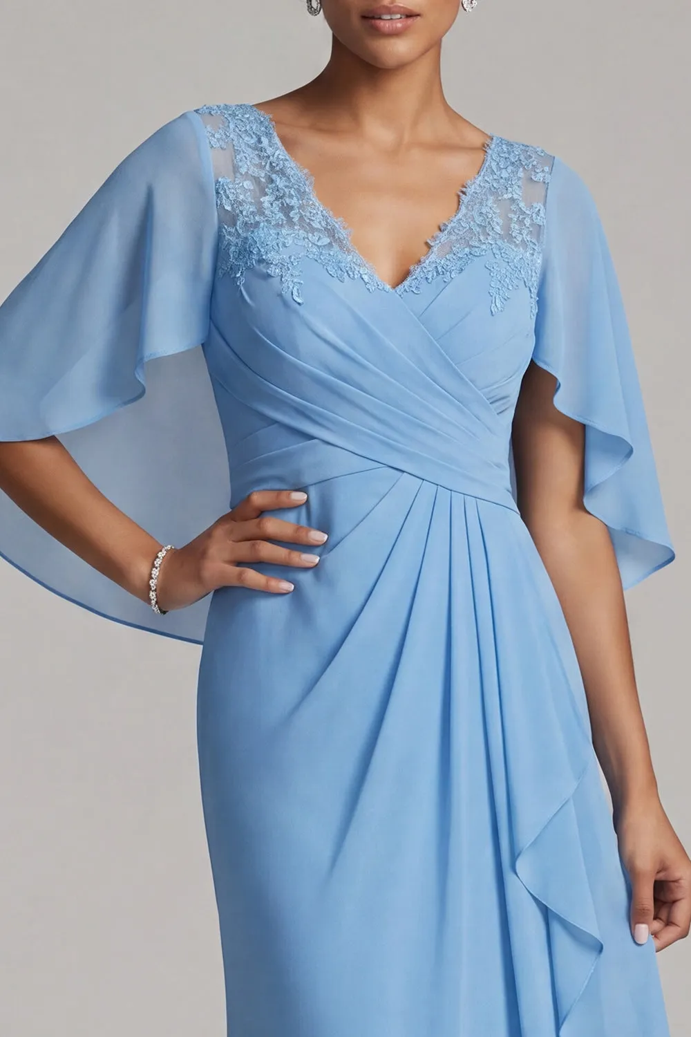 Blue V-Neck Sheath Chiffon Ruffled Mother of the Bride Dress with Cape Sleeves sold by Zapaka product image thumbnail 3