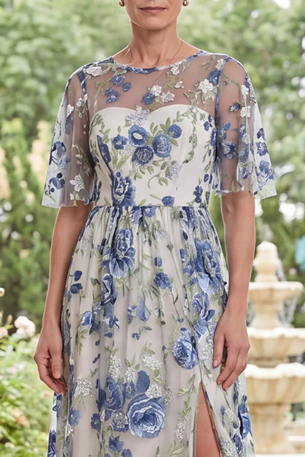 Tulle Blue Flower Round Neck Long Mother Of the Bride Dress with Slit sold by Zapaka product image thumbnail 3