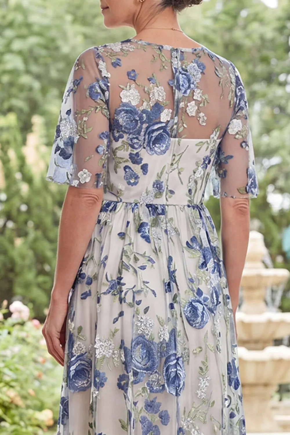 Tulle Blue Flower Round Neck Long Mother Of the Bride Dress with Slit sold by Zapaka product image thumbnail 4