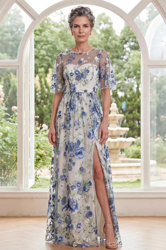 Tulle Blue Flower Round Neck Long Mother Of the Bride Dress with Slit made by Zapaka
