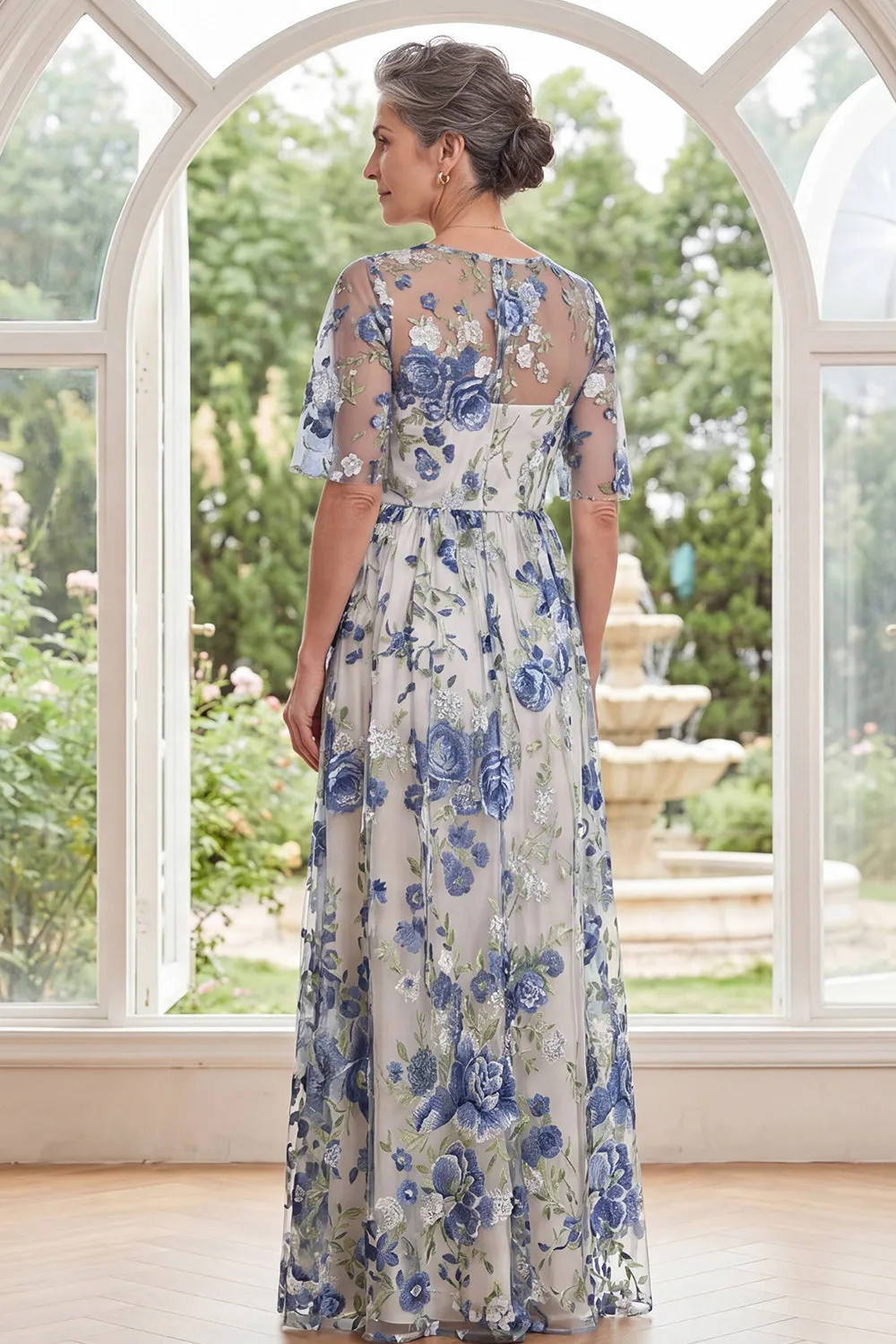 Tulle Blue Flower Round Neck Long Mother Of the Bride Dress with Slit sold by Zapaka product image thumbnail 2