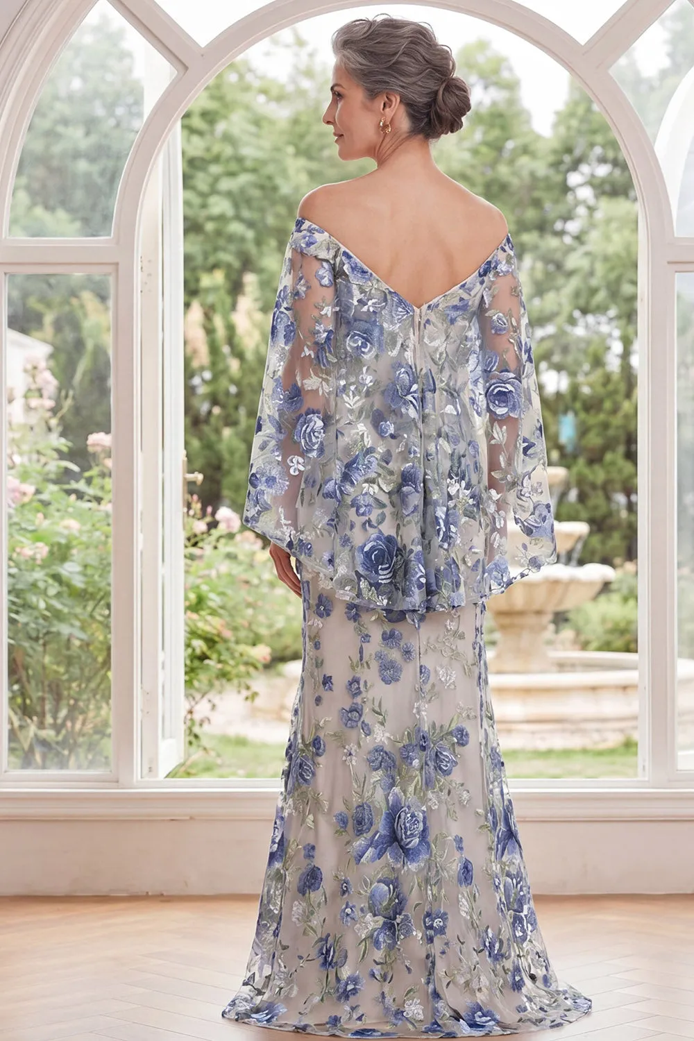 Blue Flower Off the Shoulder Long Mother Of the Bride Dress with Slit sold by Zapaka product image thumbnail 2