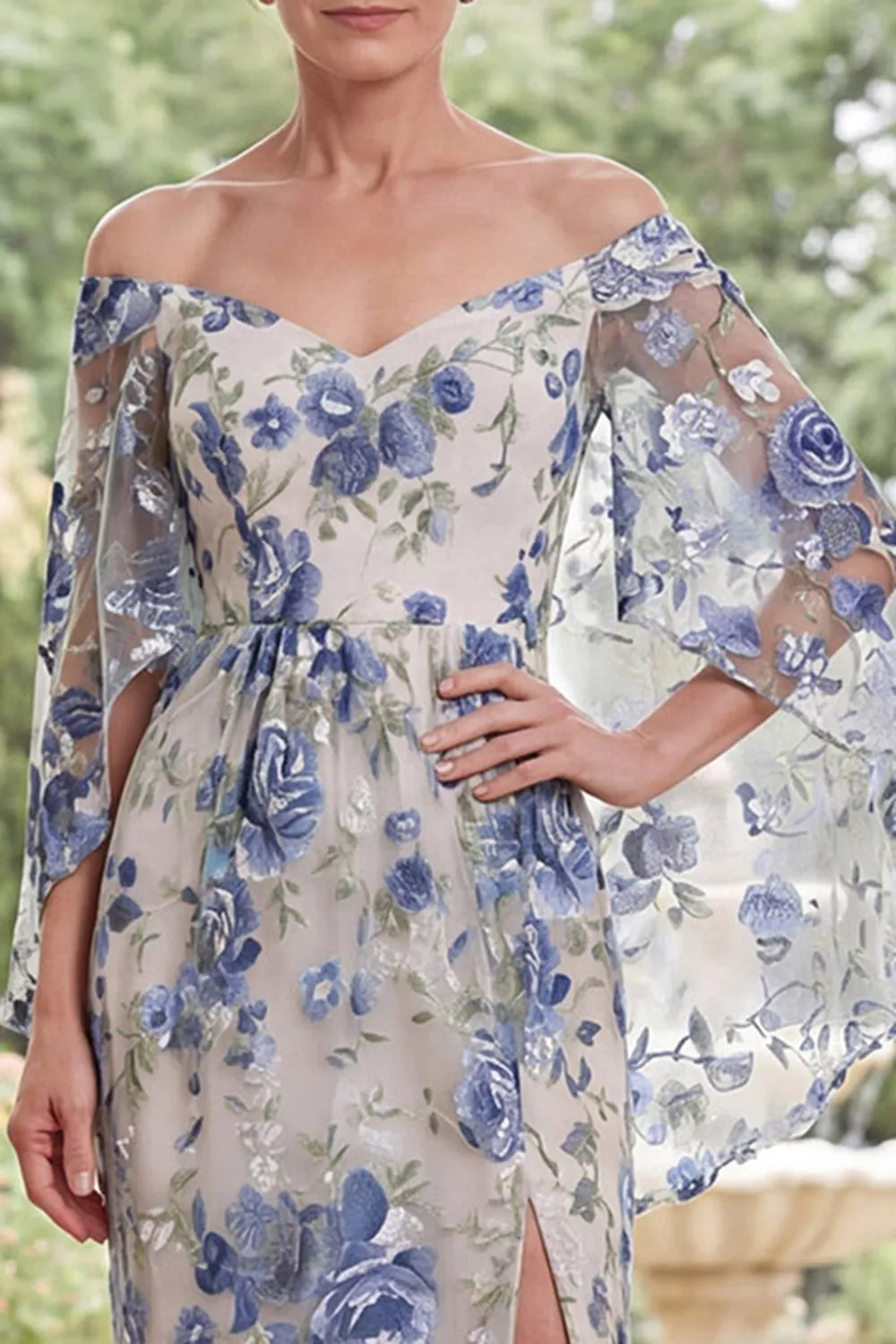 Blue Flower Off the Shoulder Long Mother Of the Bride Dress with Slit sold by Zapaka product image thumbnail 3