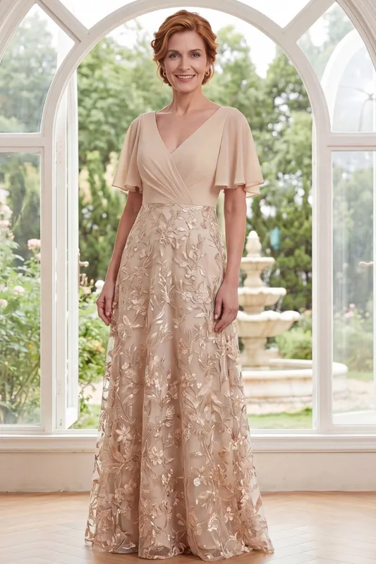A-Line Champagne V-Neck Floral Long Mother Of the Bride Dress with Flutter Sleeves made by Zapaka