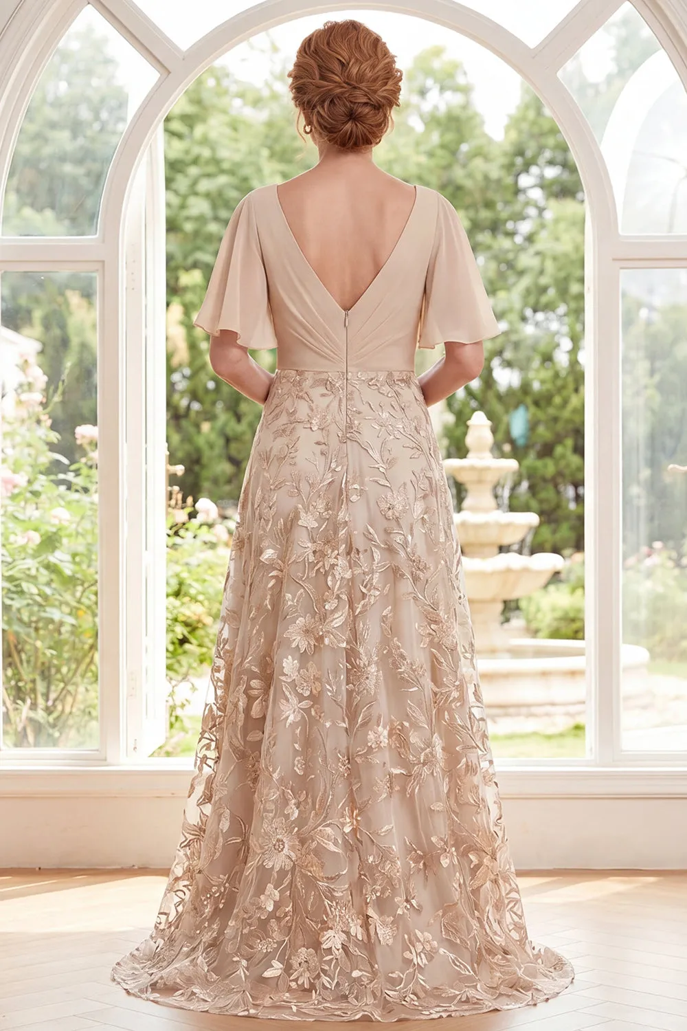 A-Line Champagne V-Neck Floral Long Mother Of the Bride Dress with Flutter Sleeves sold by Zapaka product image thumbnail 2