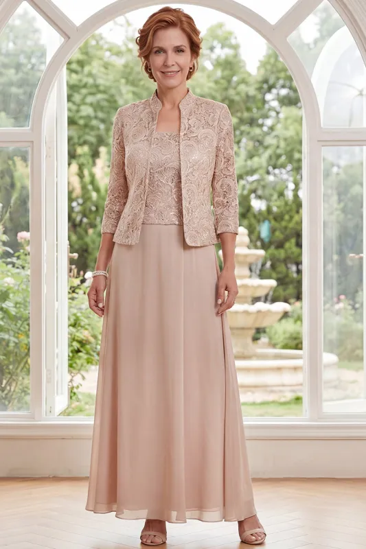 Champagne A-Line Floral Long Mother Of the Bride Dress with 3/4 Sleeves made by Zapaka