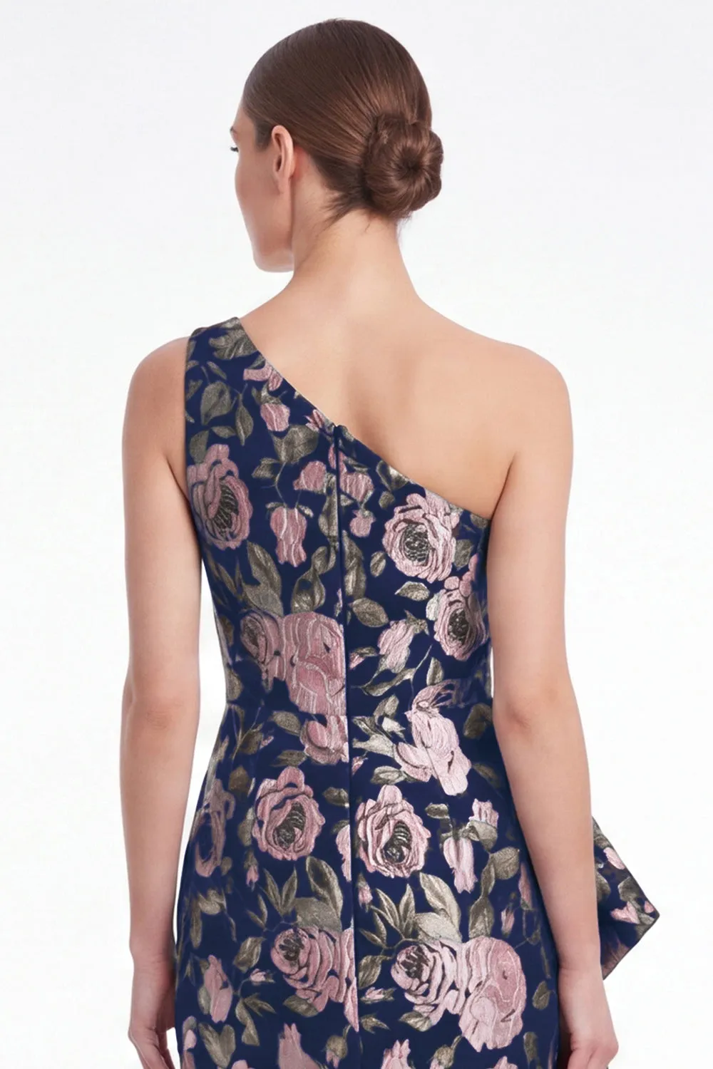 Pink Flower Mermaid One Shoulder Jacquard Long Mother Of the Bride Dress with Ruffles sold by Zapaka product image thumbnail 4