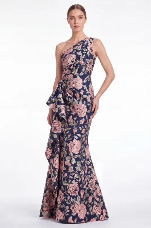 Pink Flower Mermaid One Shoulder Jacquard Long Mother Of the Bride Dress with Ruffles made by Zapaka