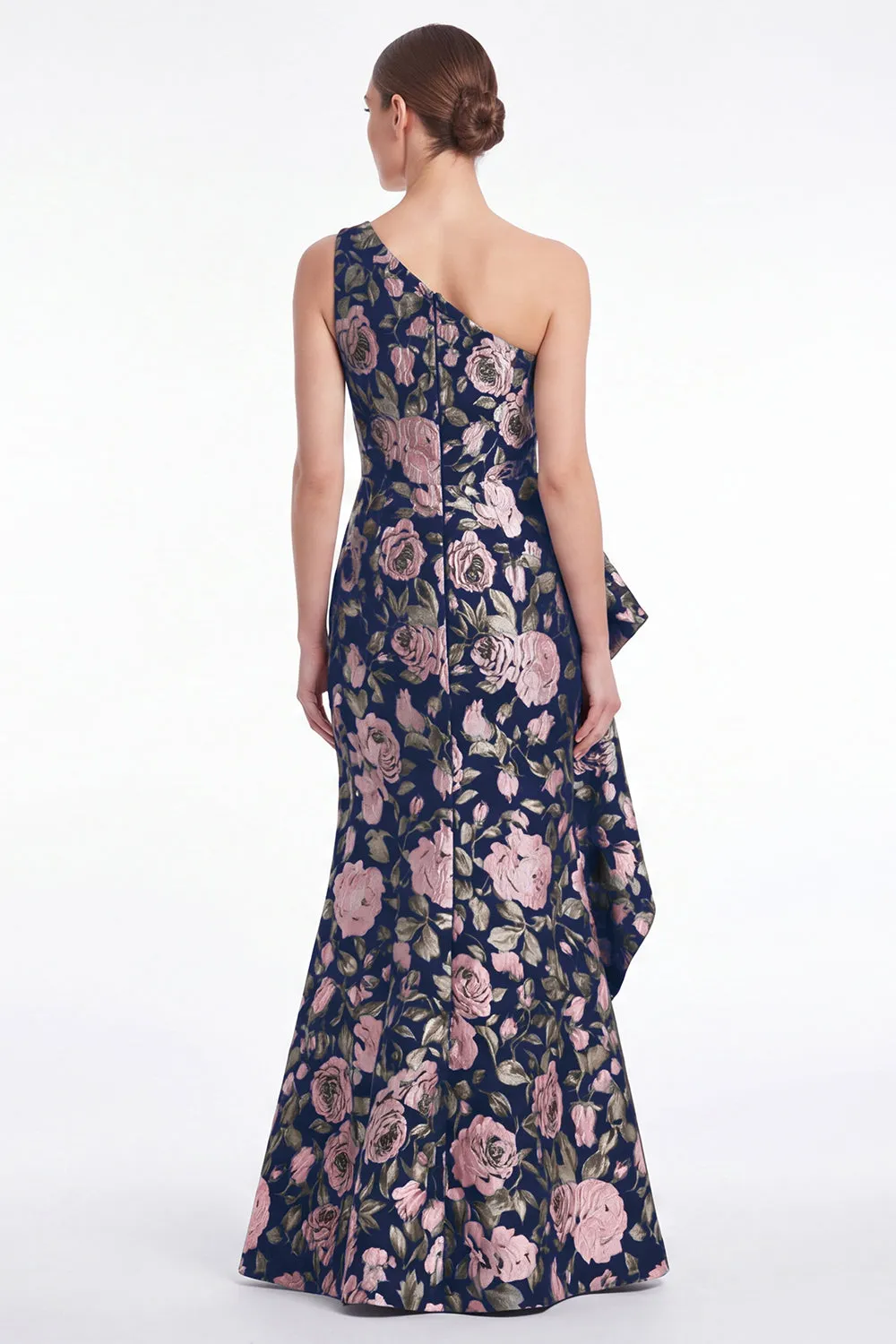 Pink Flower Mermaid One Shoulder Jacquard Long Mother Of the Bride Dress with Ruffles sold by Zapaka product image thumbnail 2