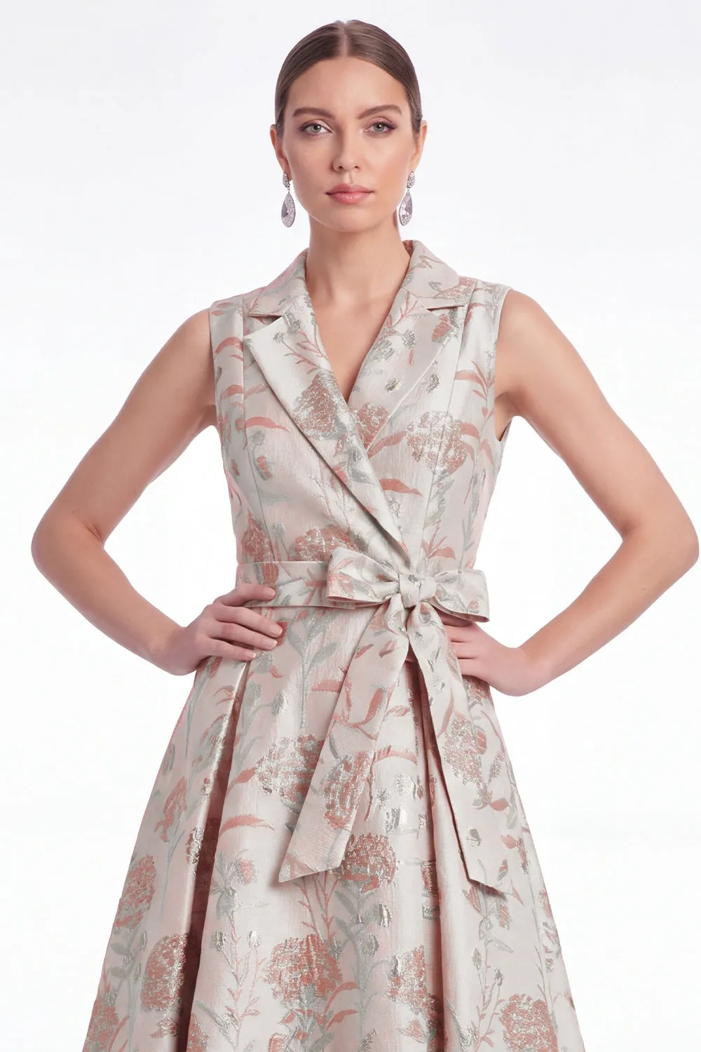 A-Line Pink Flower Notch Lapel Jacquard Long Mother Of the Bride Dress with Belt sold by Zapaka product image thumbnail 3