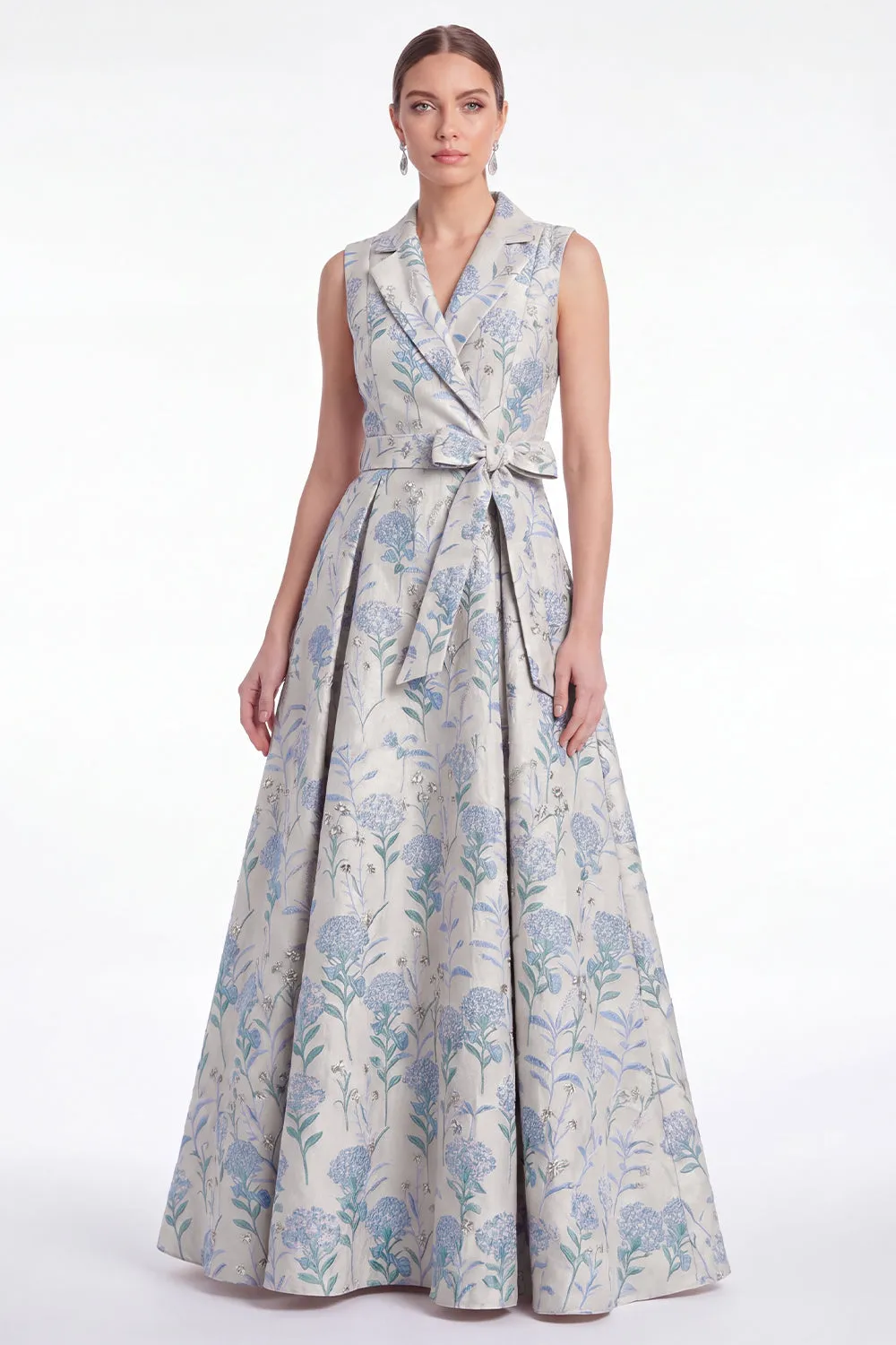 A-Line Pink Flower Notch Lapel Jacquard Long Mother Of the Bride Dress with Belt sold by Zapaka product image thumbnail 5