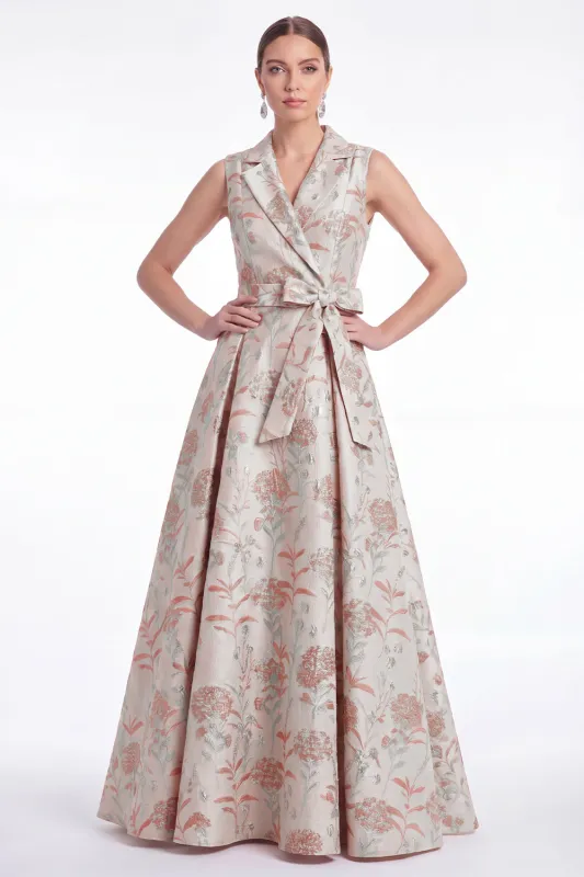 A-Line Pink Flower Notch Lapel Jacquard Long Mother Of the Bride Dress with Belt made by Zapaka
