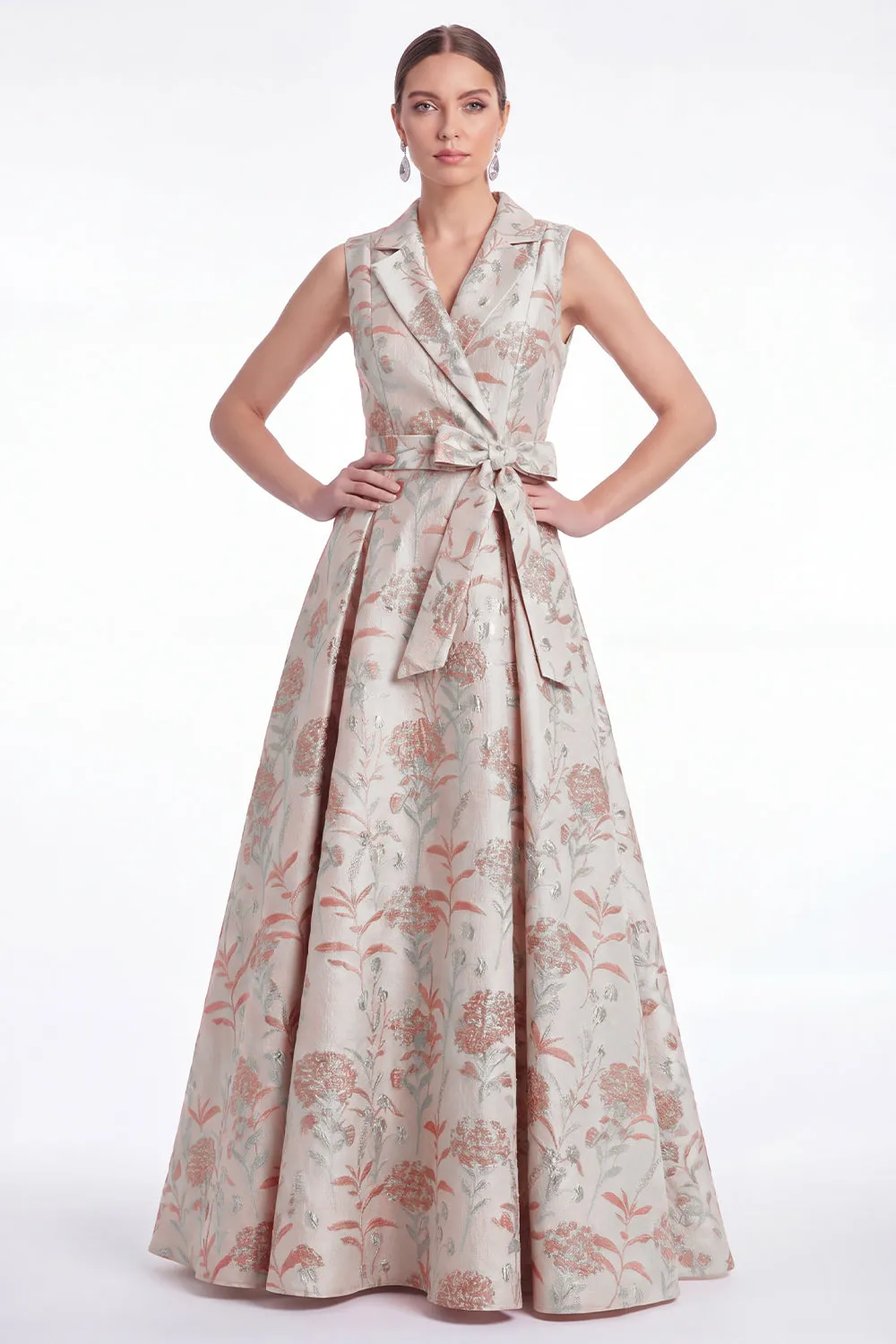 A-Line Pink Flower Notch Lapel Jacquard Long Mother Of the Bride Dress with Belt sold by Zapaka