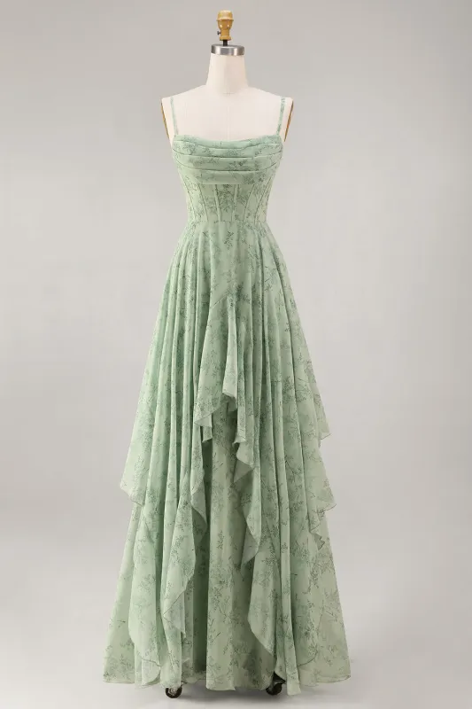 A-Line Dusty Sage Chiffon Floral Corset Spaghetti Straps Long Bridesmaid Dress made by Zapaka