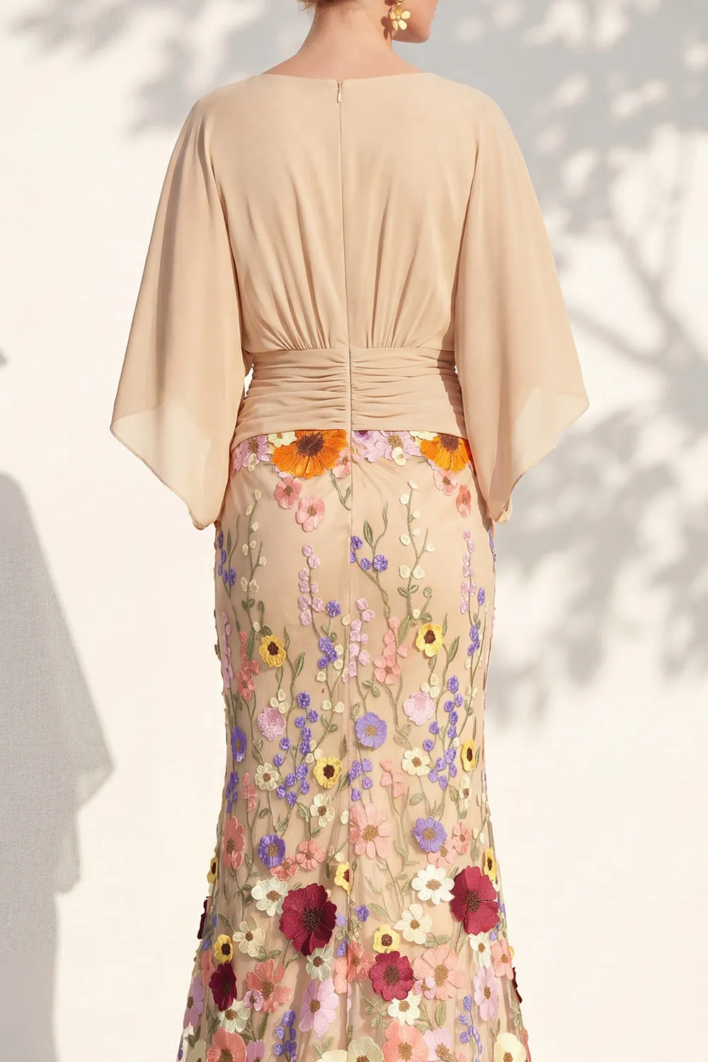 Mermaid Champagne Floral V-Neck Long Mother Of the Bride Dress with Cape Sleeves sold by Zapaka product image thumbnail 4