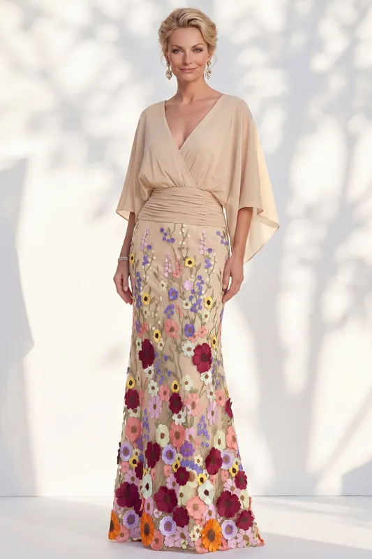 Mermaid Champagne Floral V-Neck Long Mother Of the Bride Dress with Cape Sleeves made by Zapaka