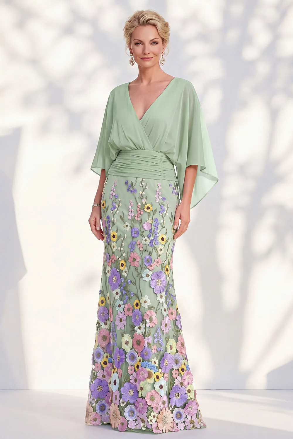 Mermaid Champagne Floral V-Neck Long Mother Of the Bride Dress with Cape Sleeves sold by Zapaka product image thumbnail 5