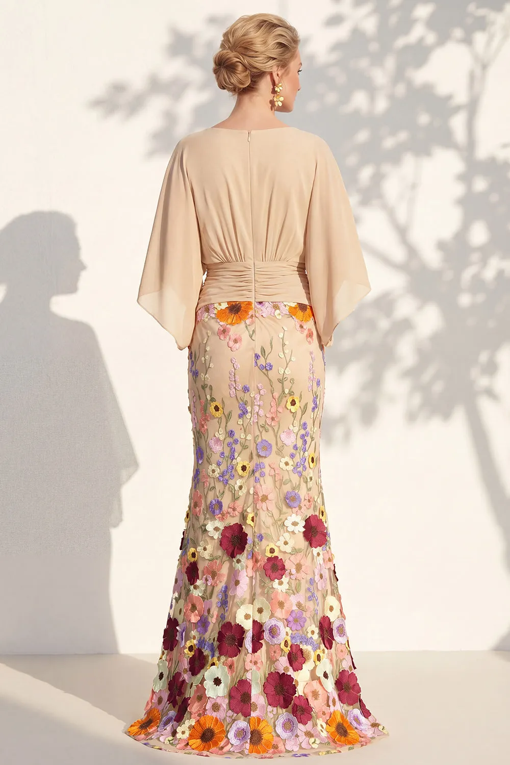 Mermaid Champagne Floral V-Neck Long Mother Of the Bride Dress with Cape Sleeves sold by Zapaka product image thumbnail 2