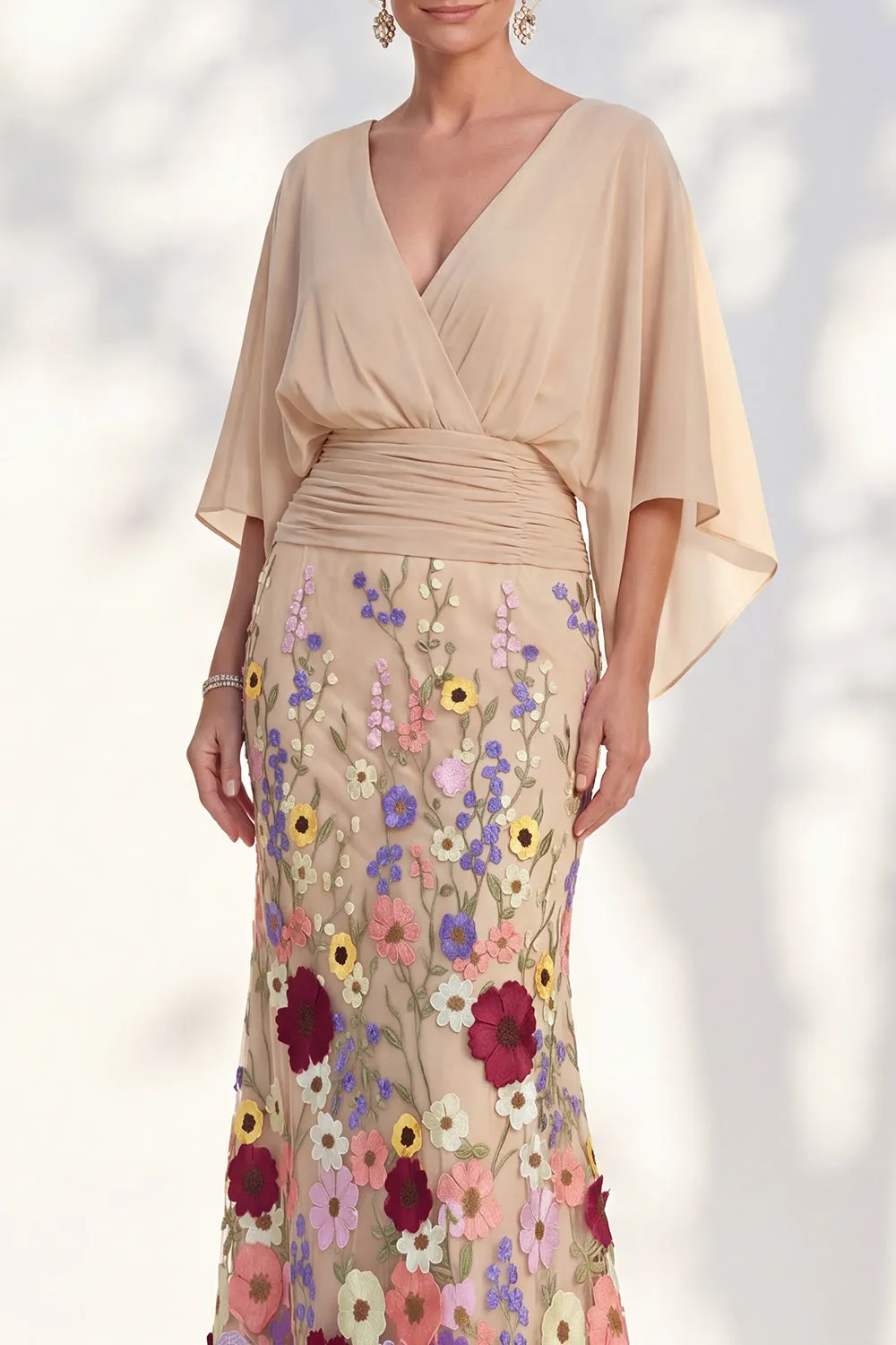 Mermaid Champagne Floral V-Neck Long Mother Of the Bride Dress with Cape Sleeves sold by Zapaka product image thumbnail 3