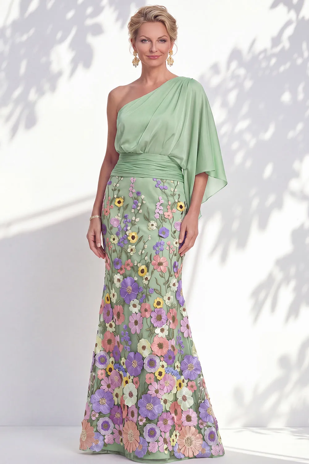 One Shoulder Lilac Mermaid Floral Long Mother Of the Bride Dress with Cape Sleeves sold by Zapaka product image thumbnail 5