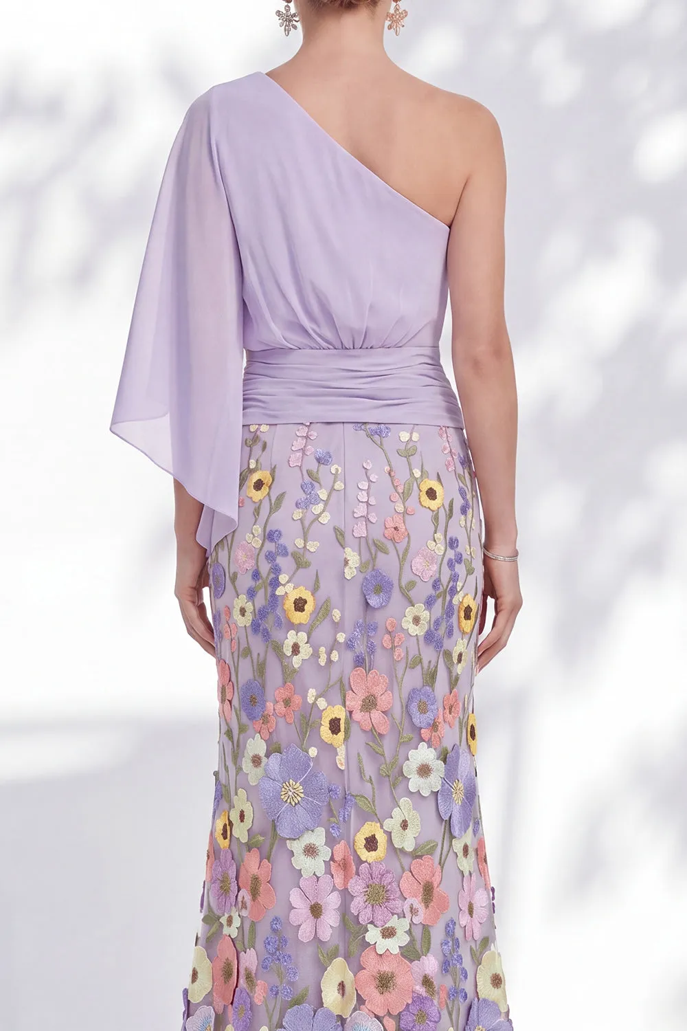 One Shoulder Lilac Mermaid Floral Long Mother Of the Bride Dress with Cape Sleeves sold by Zapaka product image thumbnail 4