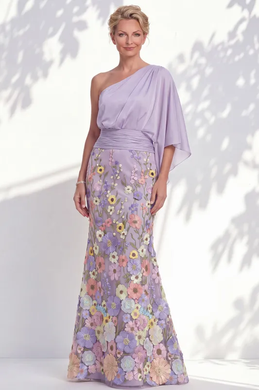One Shoulder Lilac Mermaid Floral Long Mother Of the Bride Dress with Cape Sleeves made by Zapaka