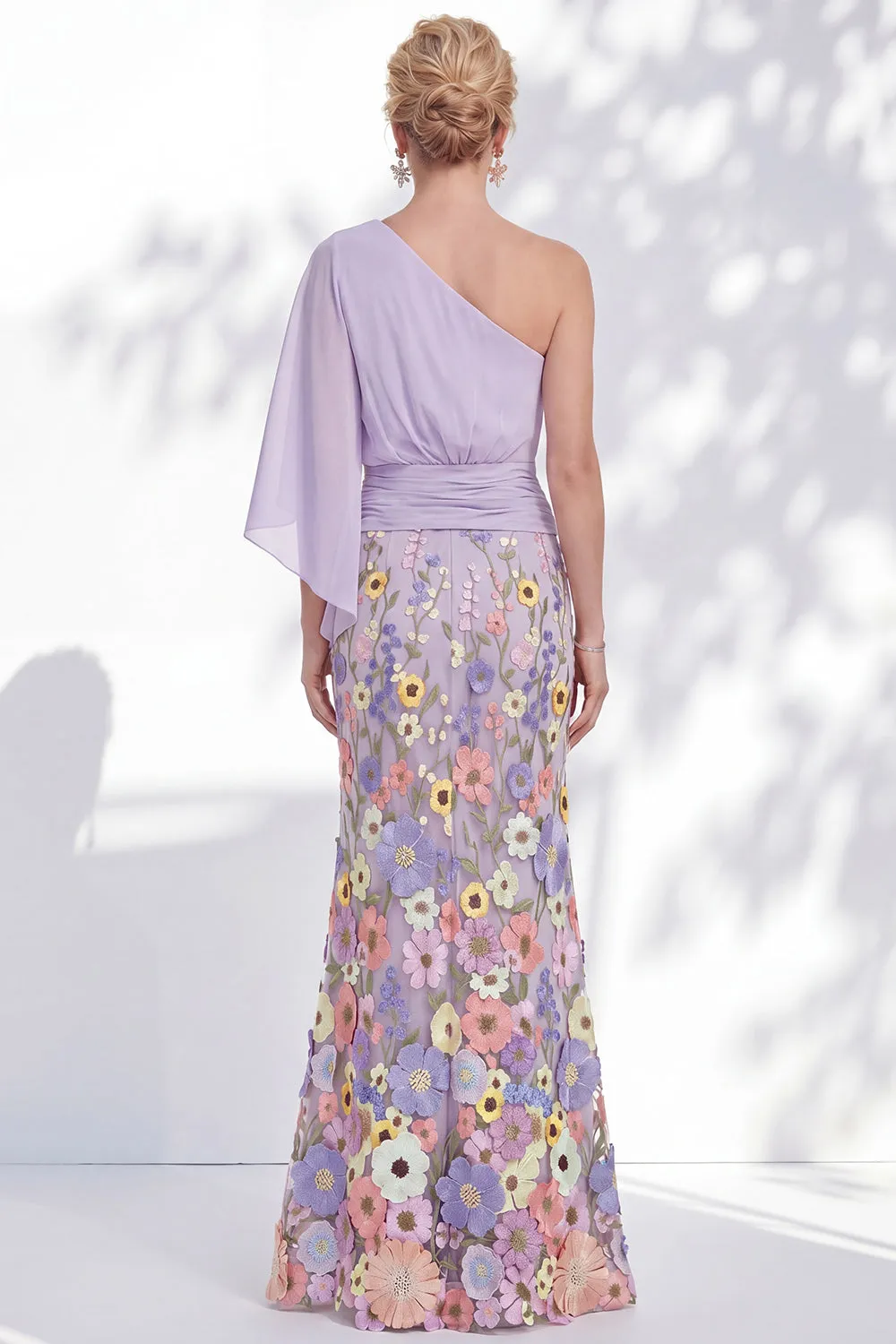 One Shoulder Lilac Mermaid Floral Long Mother Of the Bride Dress with Cape Sleeves sold by Zapaka product image thumbnail 2