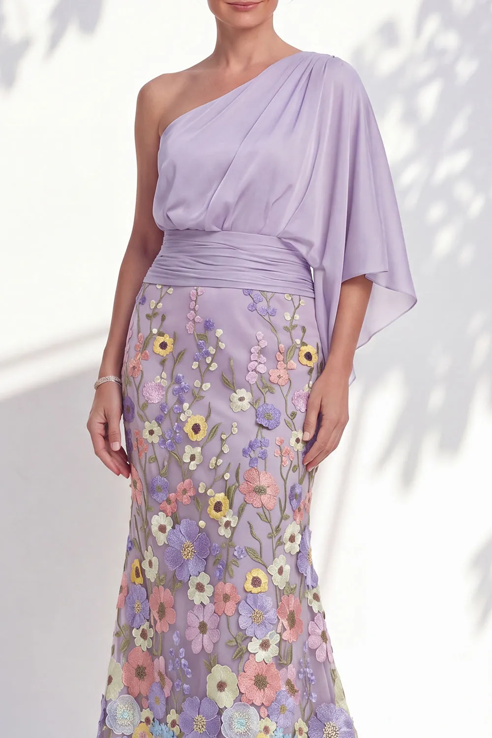 One Shoulder Lilac Mermaid Floral Long Mother Of the Bride Dress with Cape Sleeves sold by Zapaka product image thumbnail 3