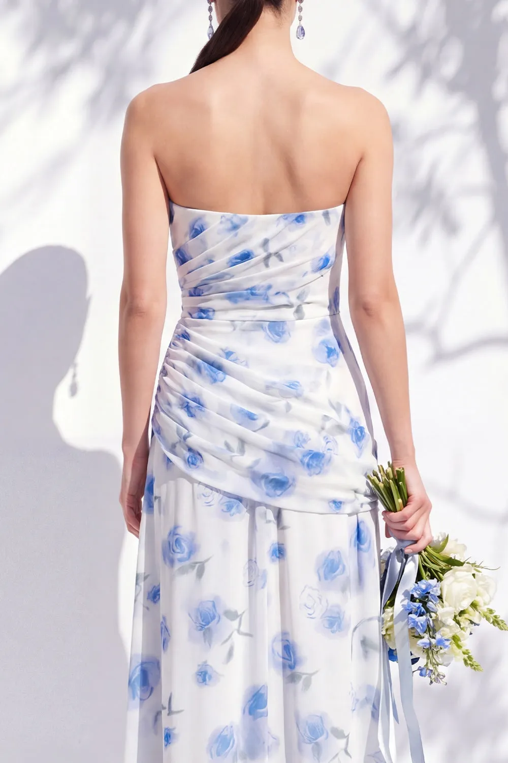 Strapless Blue Floral A Line Bridesmaid Dress with Slit sold by Zapaka product image thumbnail 4