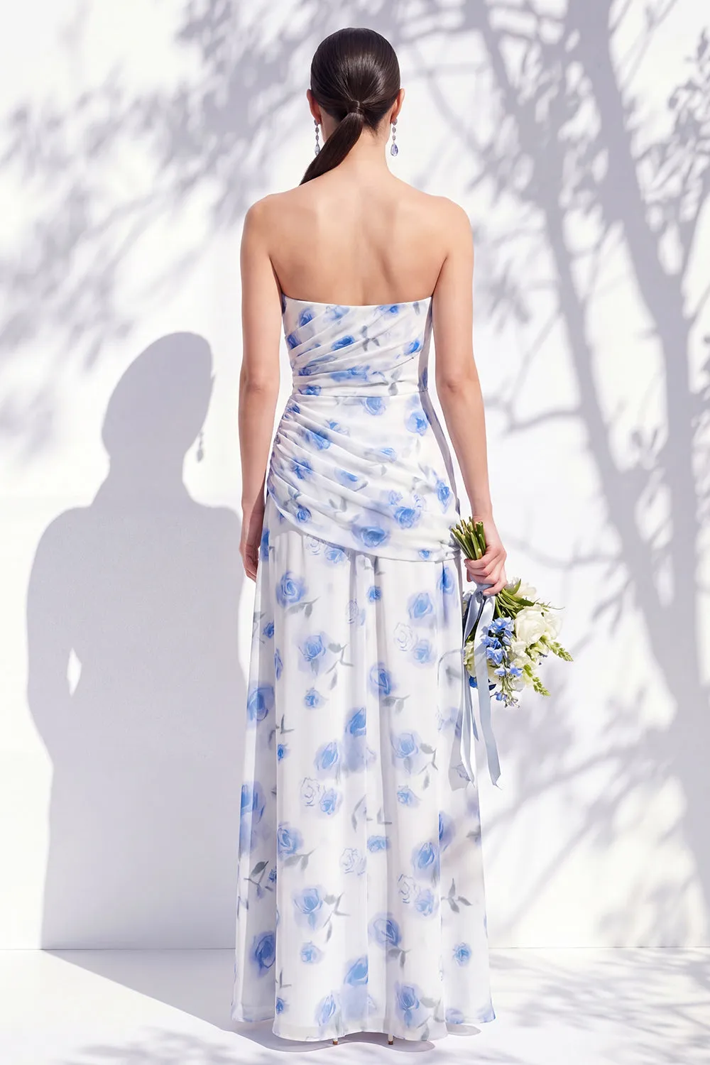 Strapless Blue Floral A Line Bridesmaid Dress with Slit sold by Zapaka product image thumbnail 2