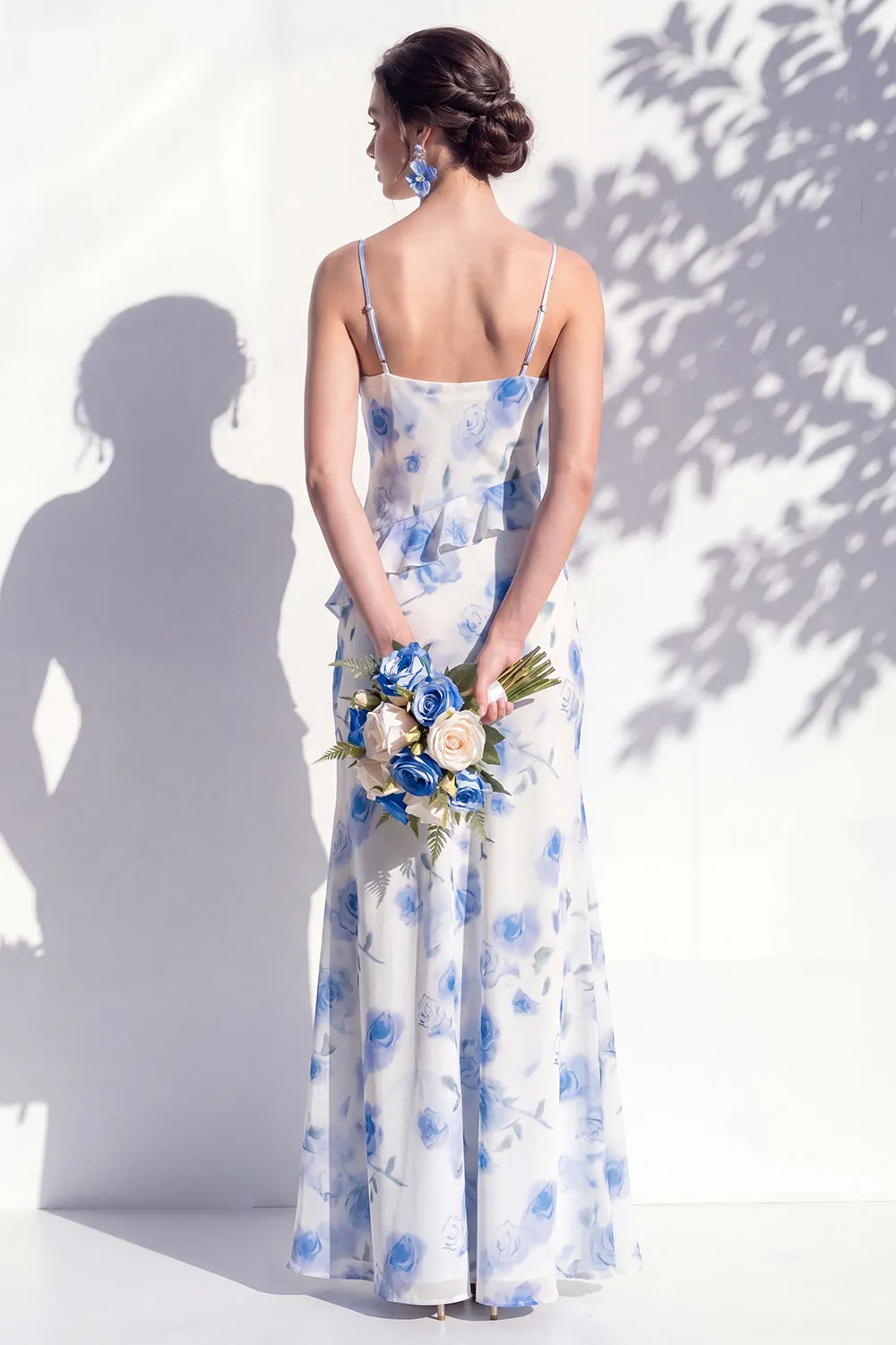 Blue Floral Ruffled A Line Cowl Neck Bridesmaid Dress sold by Zapaka product image thumbnail 2