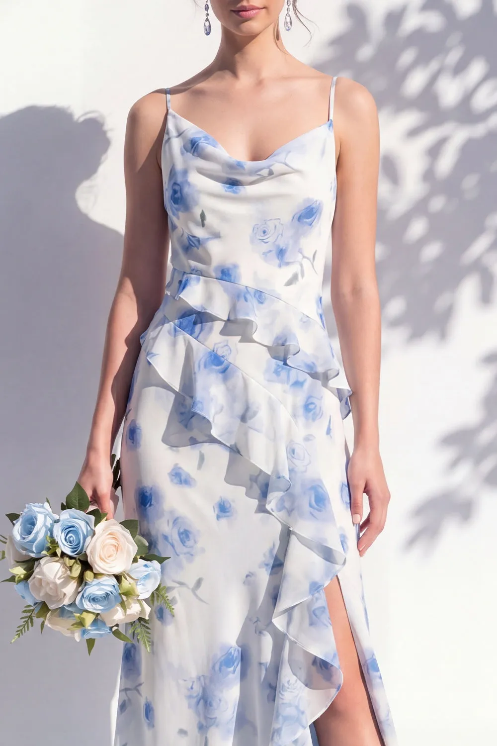 Blue Floral Ruffled A Line Cowl Neck Bridesmaid Dress sold by Zapaka product image thumbnail 3