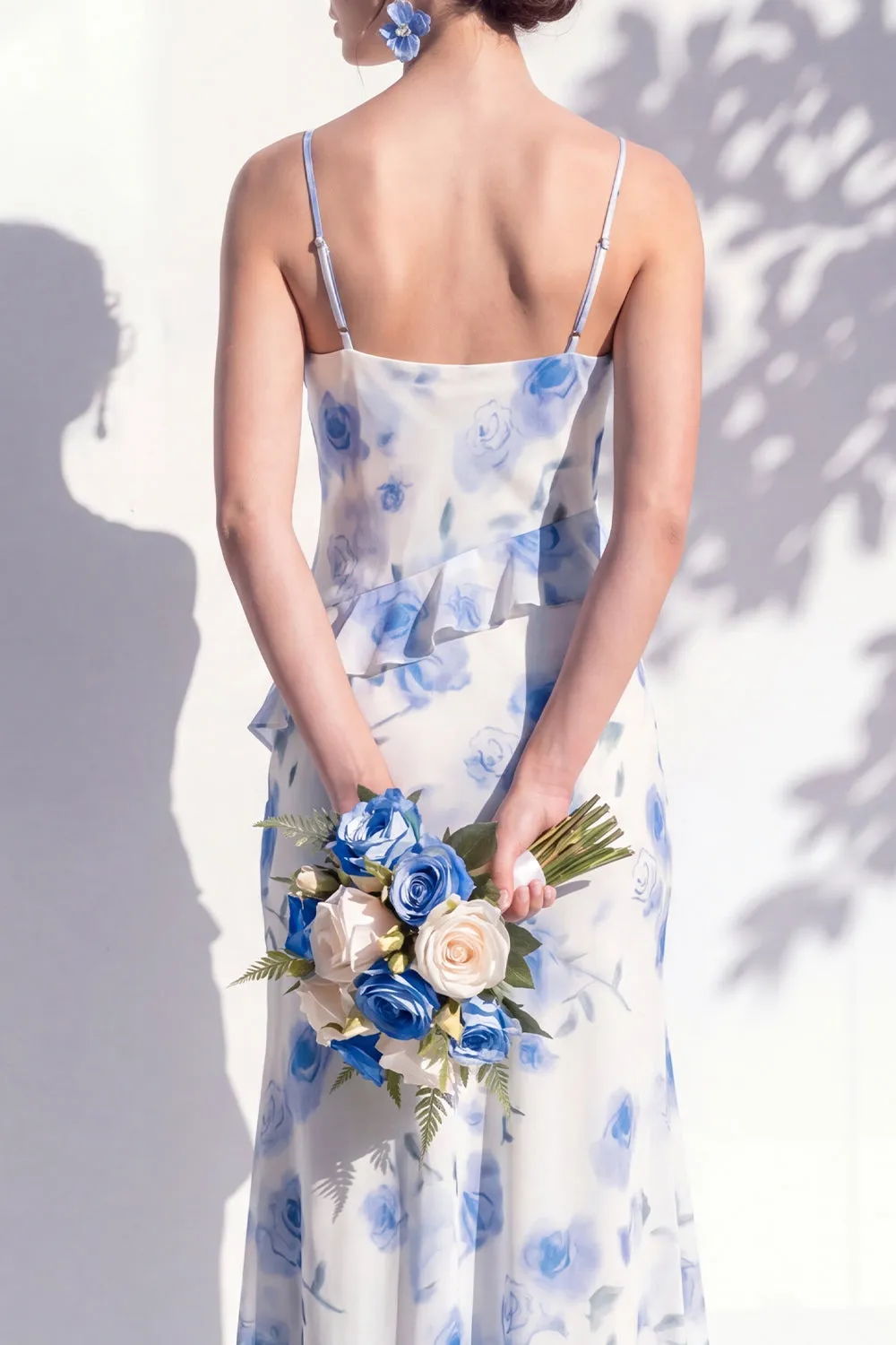 Blue Floral Ruffled A Line Cowl Neck Bridesmaid Dress sold by Zapaka product image thumbnail 4