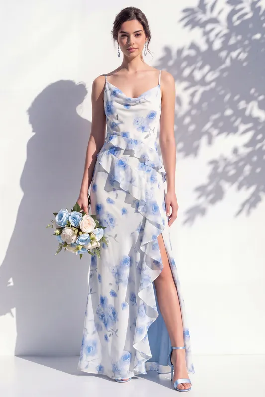 Blue Floral Ruffled A Line Cowl Neck Bridesmaid Dress made by Zapaka