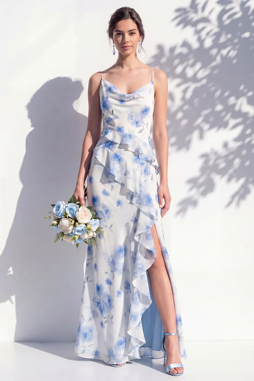 Blue Floral Ruffled A Line Cowl Neck Bridesmaid Dress sold by Zapaka