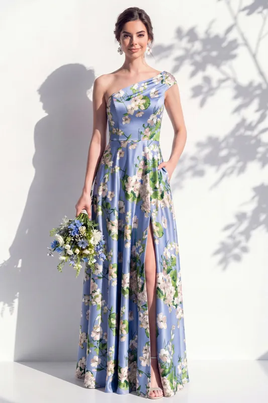 One Shoulder Blue Floral A Line Bridesmaid Dress with Slit made by Zapaka