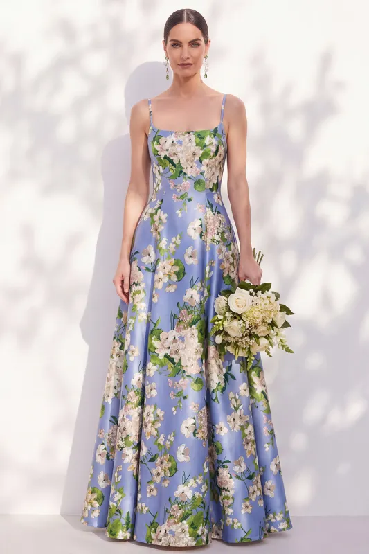 Blue Floral Spaghetti Straps A Line Bridesmaid Dress made by Zapaka