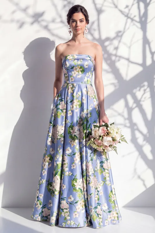 Strapless Blue Floral A Line Bridesmaid Dress made by Zapaka