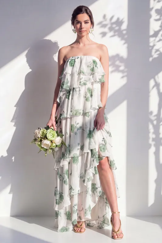 Strapless Tiered Green Floral A Line Bridesmaid Dress made by Zapaka