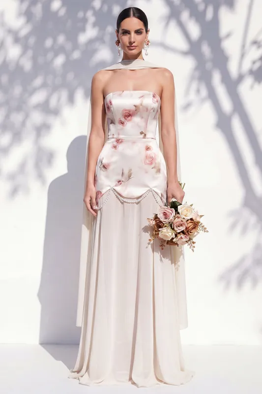 Strapless Ivory Red Floral A Line Bridesmaid Dress with Neck Scarf made by Zapaka