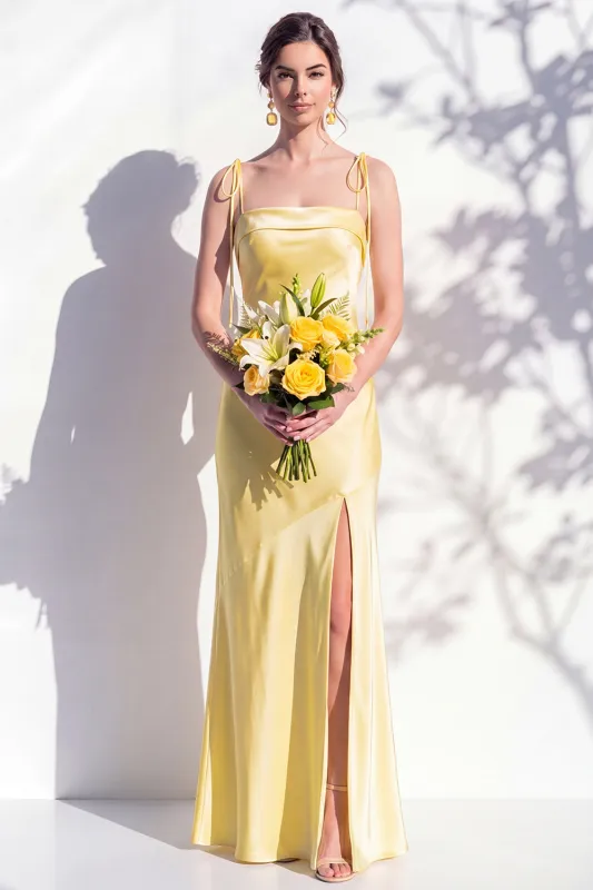 Yellow Spaghetti Straps Sheath Bridesmaid Dress with Slit made by Zapaka