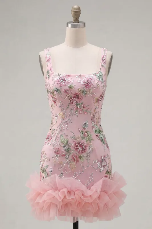 Pink Square Neck Bodycon Floral Sequins Homecoming Dress with Ruffles made by Zapaka