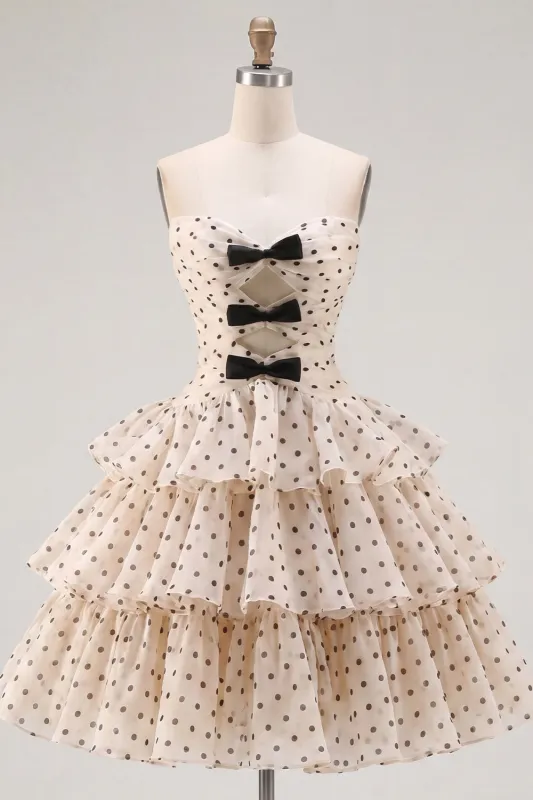 Apricot Black Dot A-Line Sweetheart Chiffon Tiered Homecoming Dress with Bow made by Zapaka