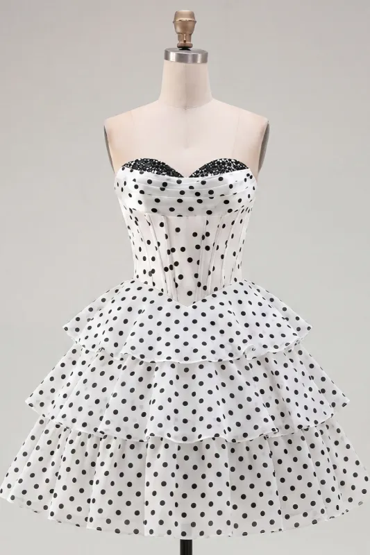 White A-Line Sweetheart Corset Tiered Ruched Homecoming Dress made by Zapaka