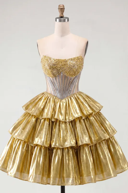 Golden A-Line Strapless Sheer Corset Tiered Homecoming Dress with Beading made by Zapaka