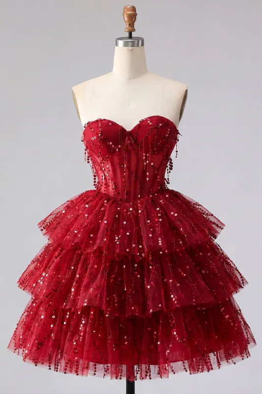 A-Line Burgundy Sweetheart Corset Tiered Sequins Homecoming Dress made by Zapaka